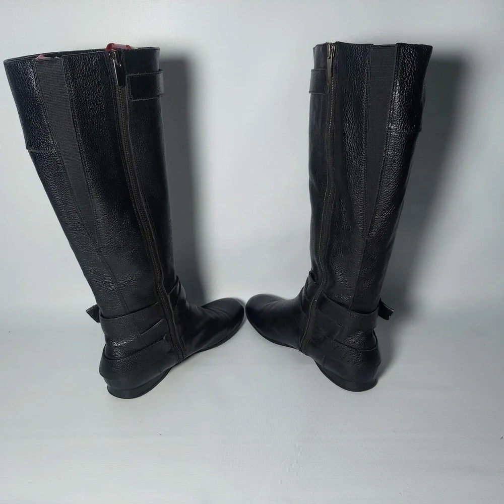Enzo Angiolini Leather Boots Women 7.5 Black Calf High Riding Buckle Zip Fashion